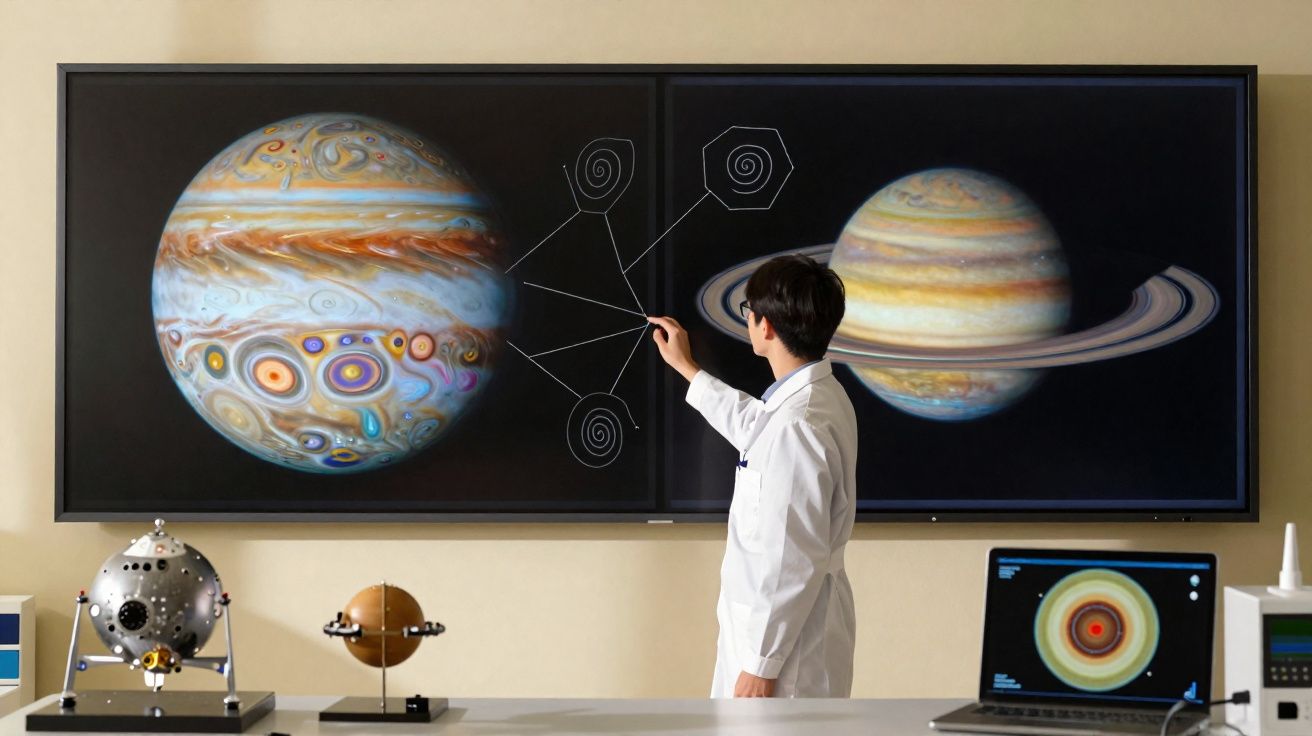 Pessoa em bata branca explica sistema solar com planetas e esquemas numa lousa preta, com modelos e computador.