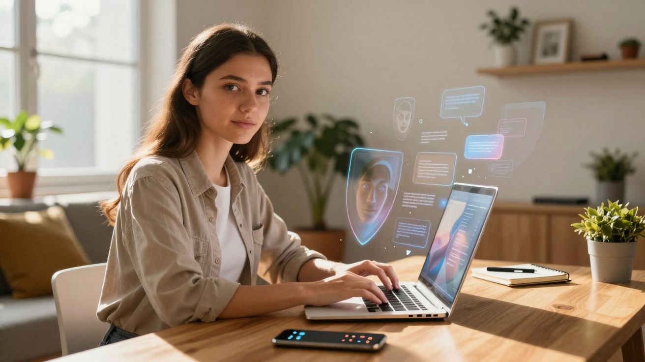 Jovem mulher a trabalhar num portátil com gráficos digitais em holograma numa mesa de madeira iluminada.