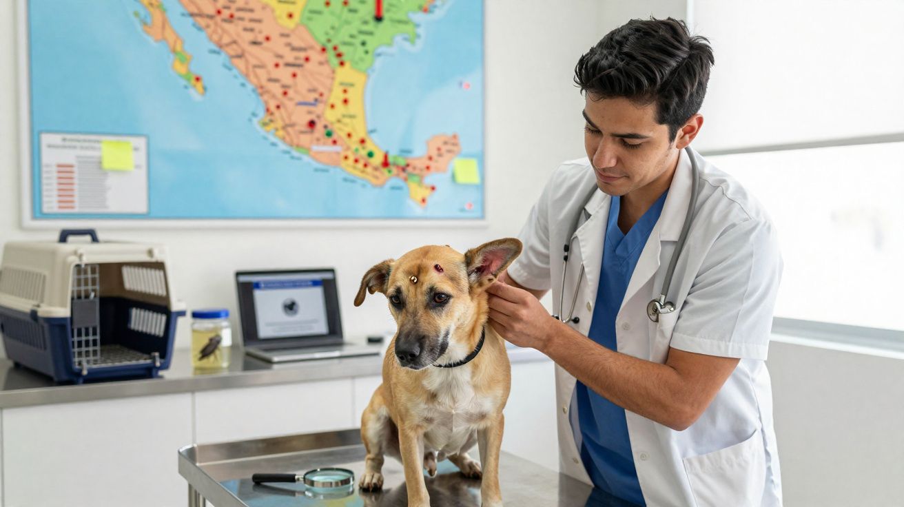 Veterinário examina orelha de cão ferido numa clínica com mapa e computador ao fundo.