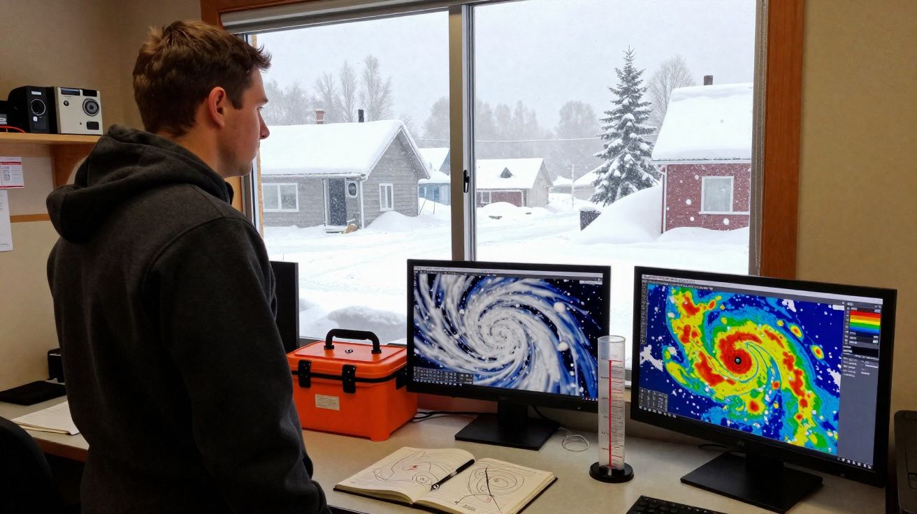 Homem observa previsões de furacão em dois ecrãs num escritório com neve vista pela janela.