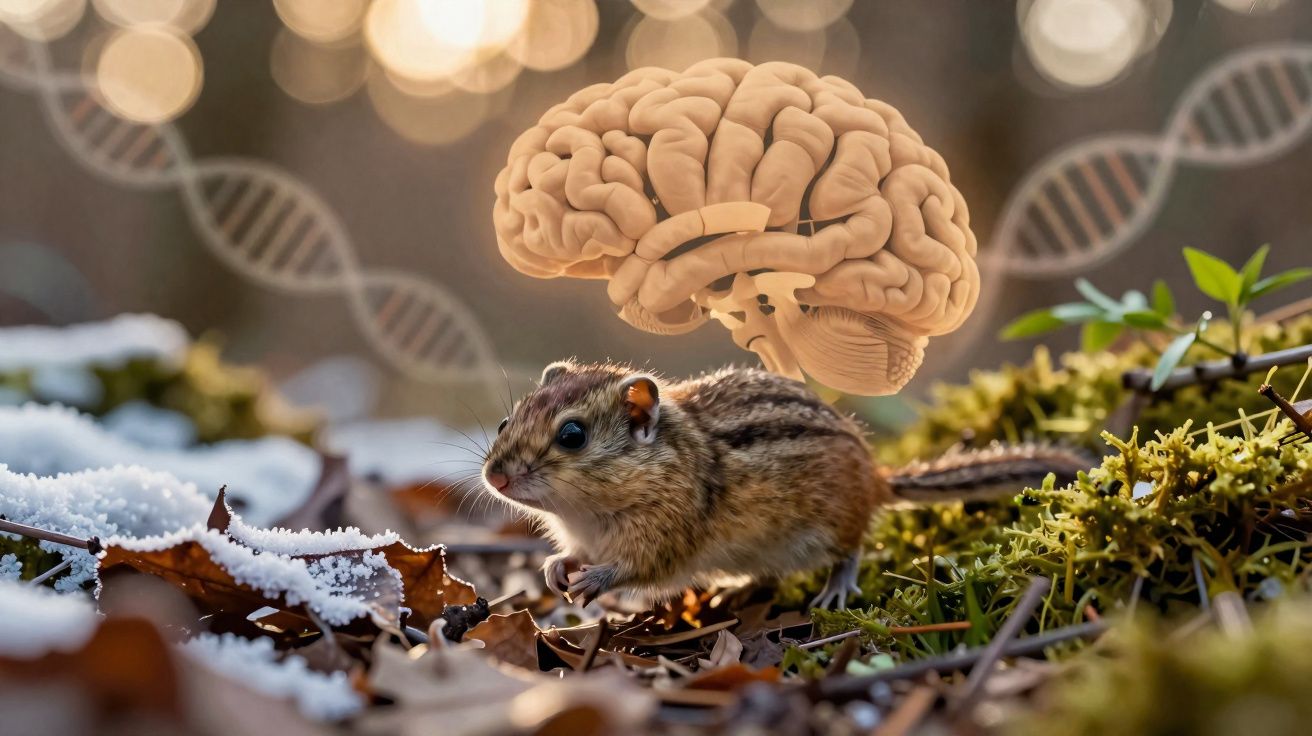 Camundongo no chão com folhas e açúcar, com cérebro e helices de ADN flutuantes ao fundo.