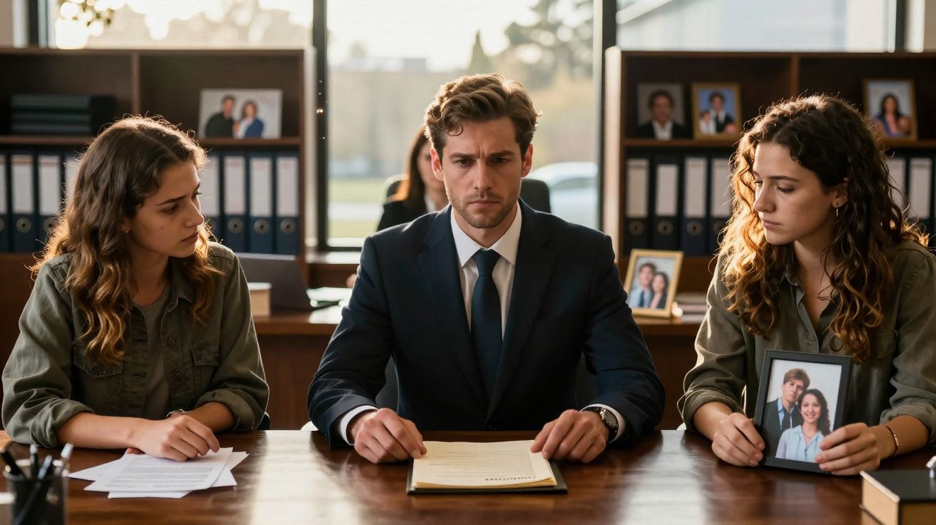 Três pessoas sentadas à mesa num escritório, com expressão séria, a segurar uma fotografia emoldurada.