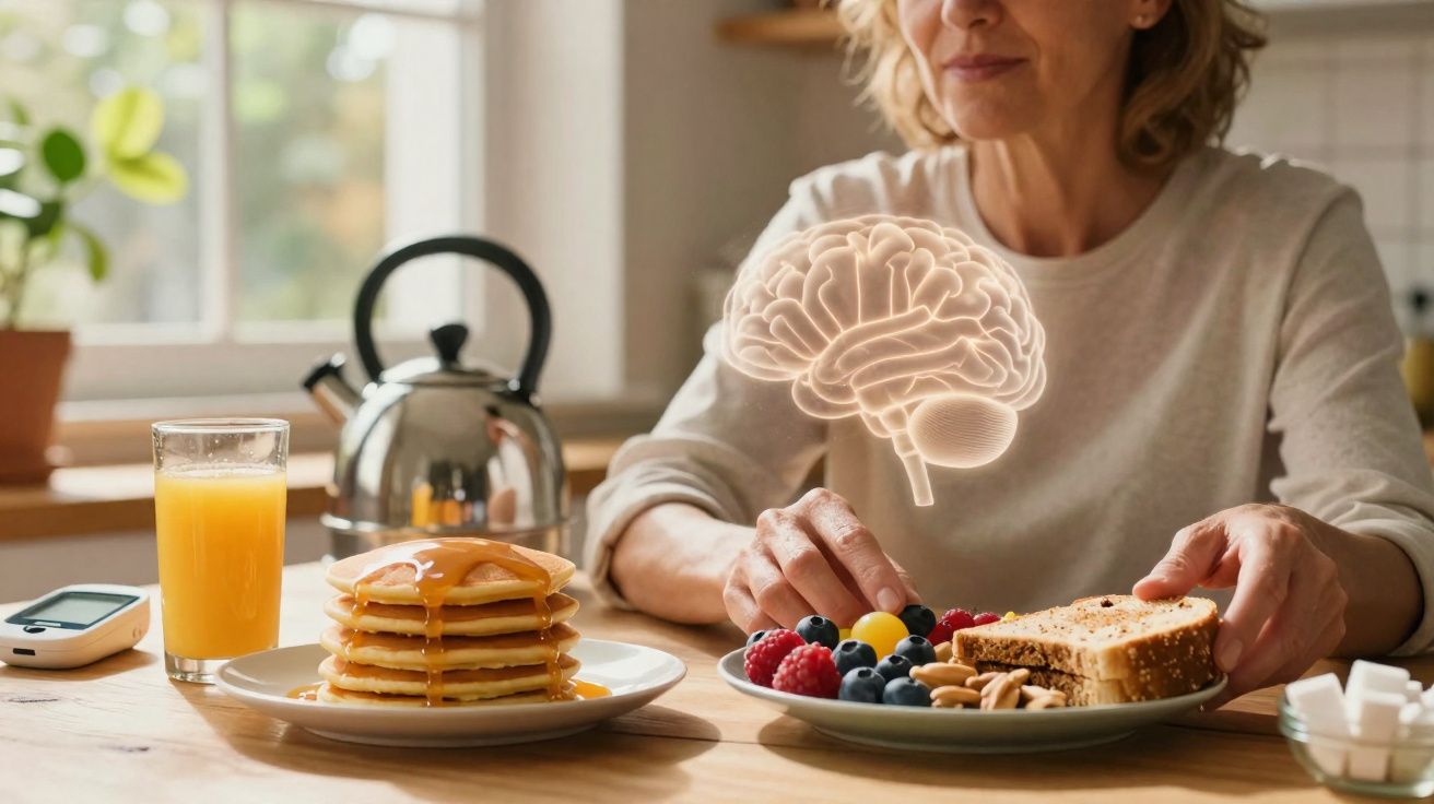 Mulher a tomar pequeno-almoço saudável com frutas, pão integral e sumo, com imagem de cérebro sobreposta.