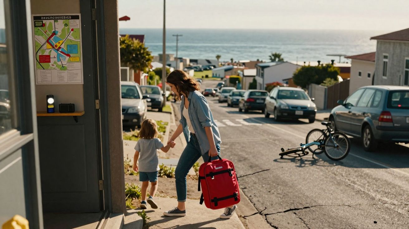 Mulher com mala vermelha segura a mão de uma criança ao entrar numa casa perto do mar, numa rua com carros estacionados.