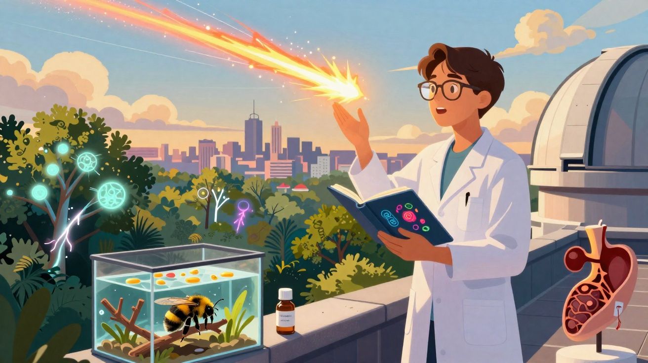 Cientista com bata branca segura livro e observa fogo brilhante perto de aquário com abelha numa cidade ao entardecer.