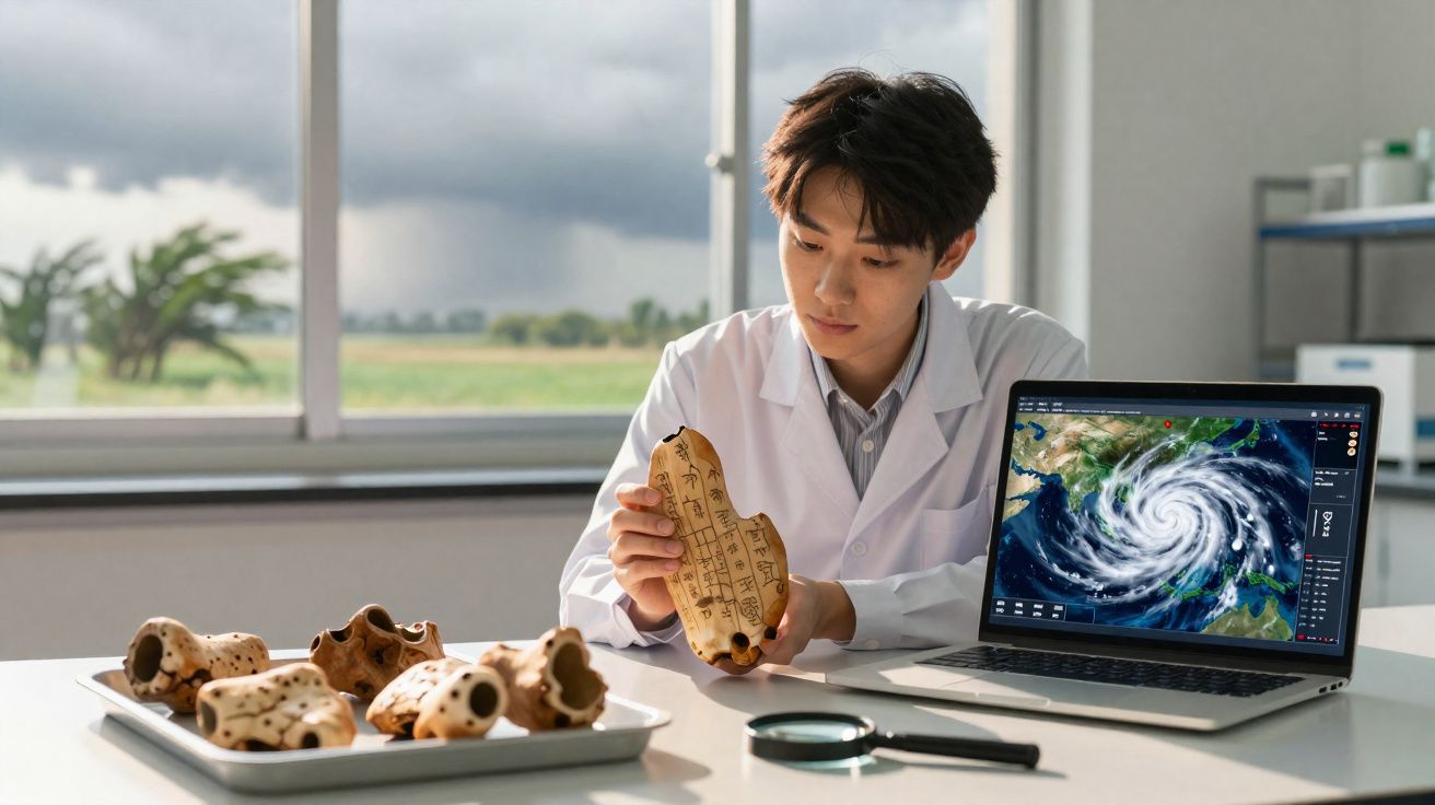 Jovem cientista em laboratório analisa artefacto antigo com computador a mostrar imagem de furacão.