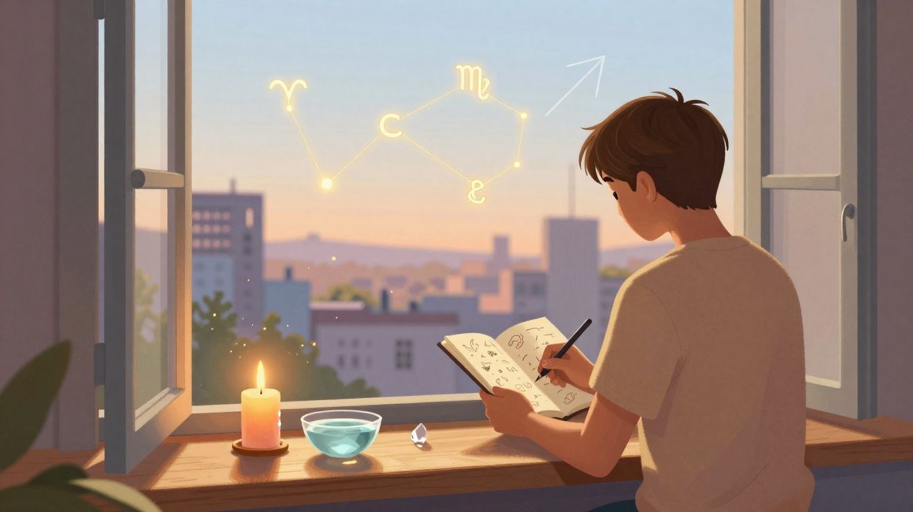 Rapaz a escrever num caderno junto à janela aberta ao pôr do sol, com signos astrológicos flutuantes.