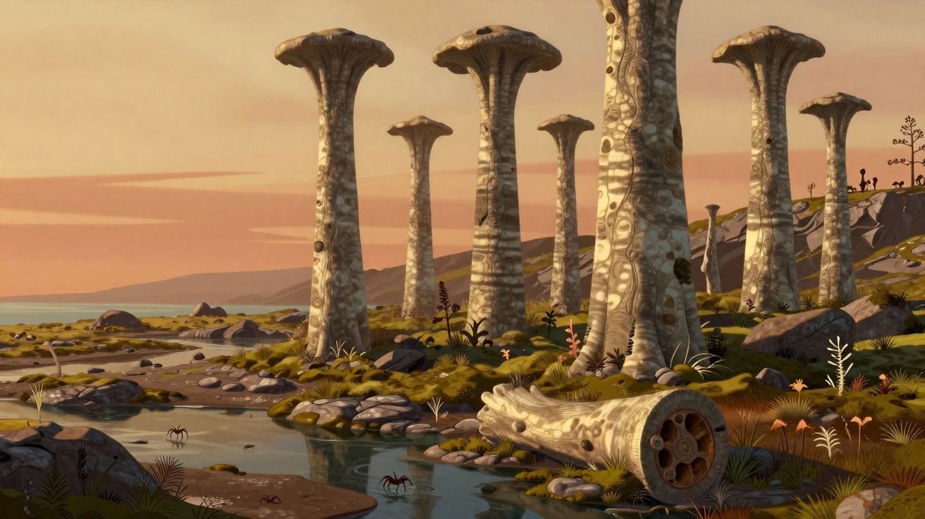 Paisagem surreal com árvores altas em forma de cogumelo junto a um riacho e pequenos caranguejos na margem.