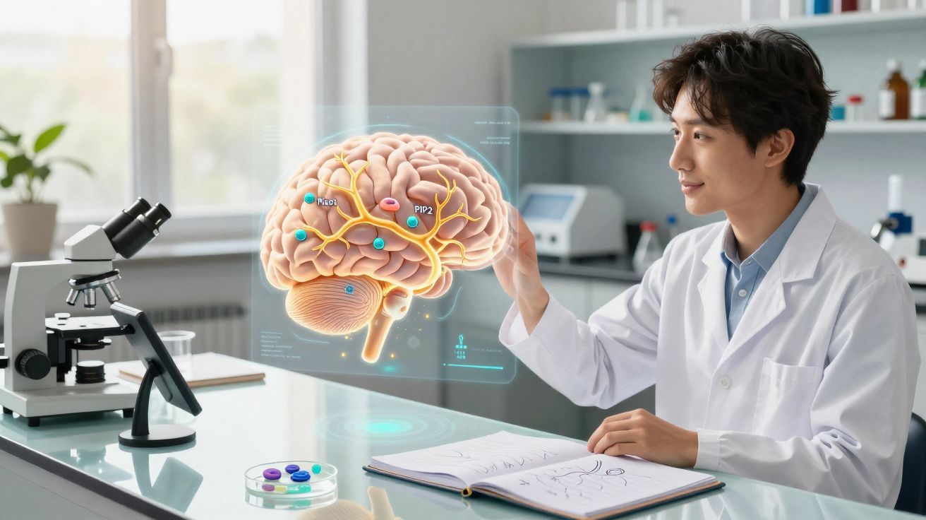 Cientista em laboratório interage com projeção digital 3D do cérebro humano sentado à mesa de trabalho.