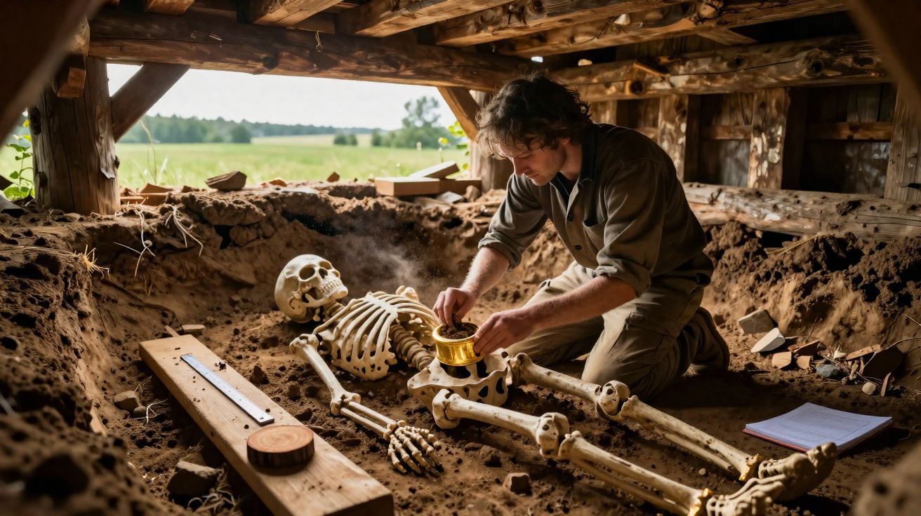Homem a estudar ossadas humanas numa escavação arqueológica sob abrigo de madeira.