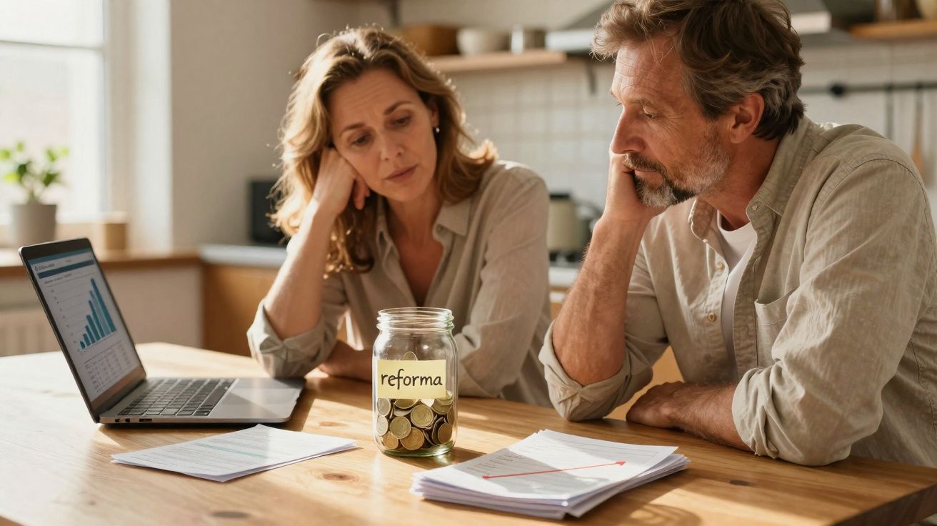 Casal preocupado a analisar finanças à mesa, com frasco de moedas rotulado "reforma" e portátil aberto.
