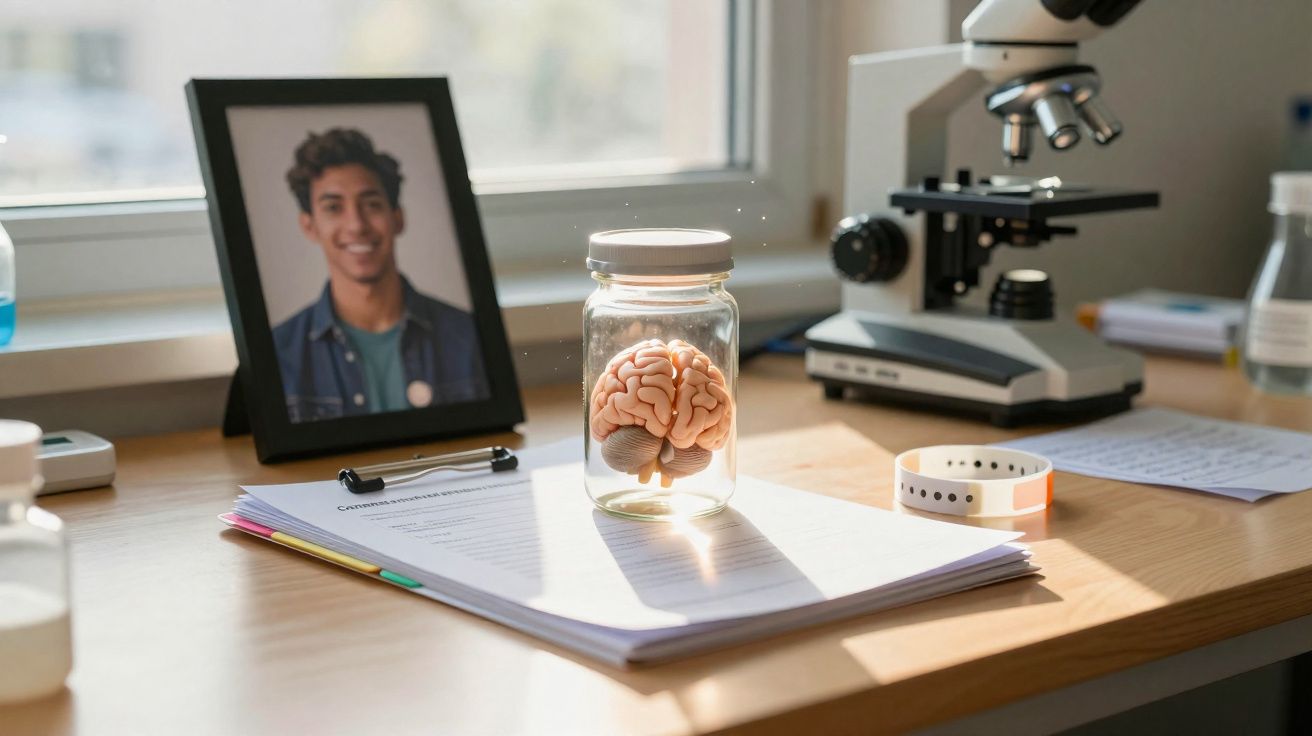 Cérebro em vidro num laboratório com microscópio, documentos e foto de pessoa em fundo desfocado.