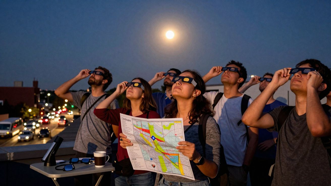 Grupo de pessoas a observar eclipse solar com óculos especiais durante a noite, uma segura um mapa.
