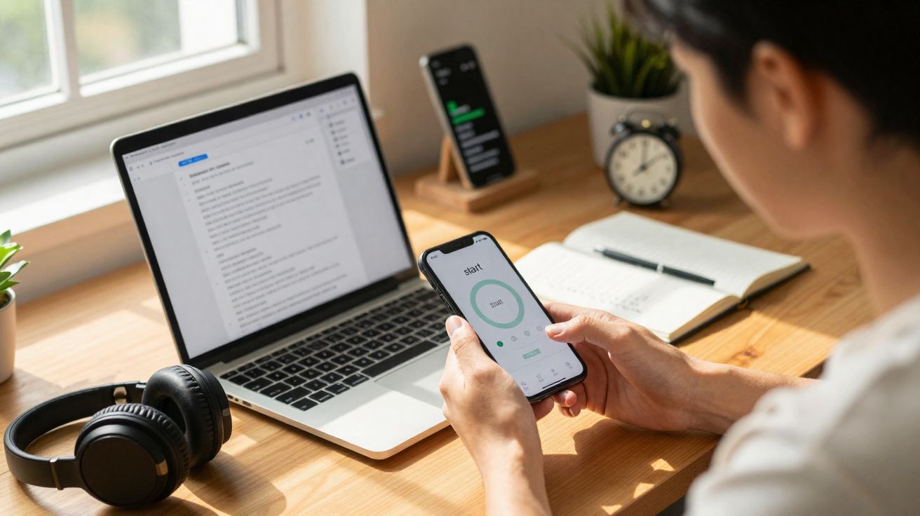 Pessoa a usar telemóvel com aplicação aberta, junto a computador portátil, auscultadores e caderno numa mesa de escritório.