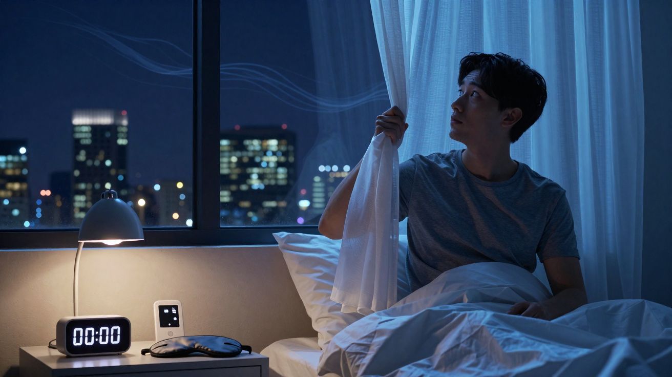 Homem sentado na cama a olhar pela janela aberta numa noite urbana iluminada.