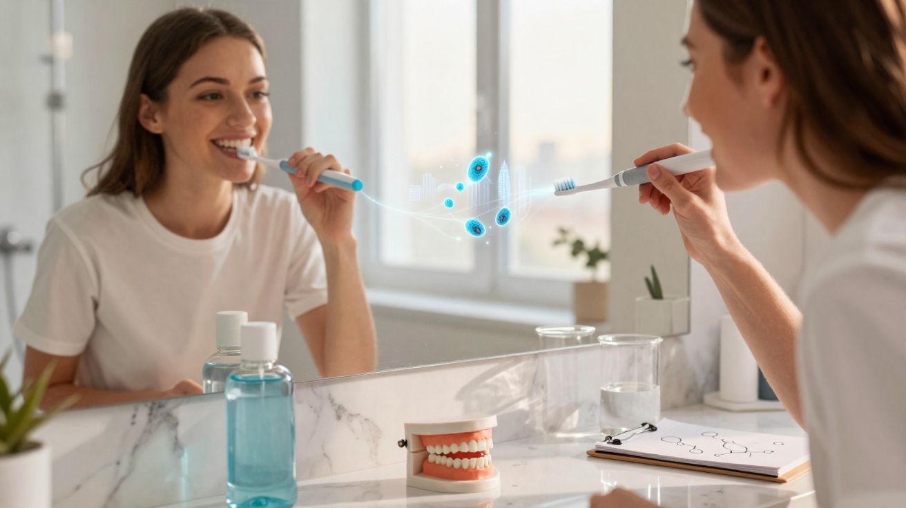 Mulher a escovar os dentes com escova elétrica numa casa de banho moderna frente ao espelho.