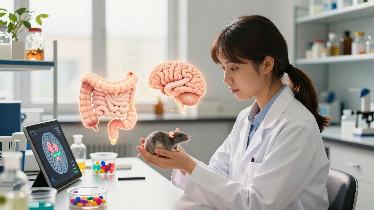 Investigadora em laboratório segura rato, com ilustrações do cérebro e intestinos ao fundo.