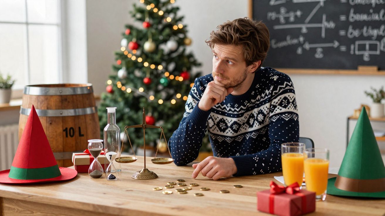 Homem pensativo com camisola de Natal sentado à mesa com moedas, relógio, presentes e árvore de Natal decorada ao fundo.