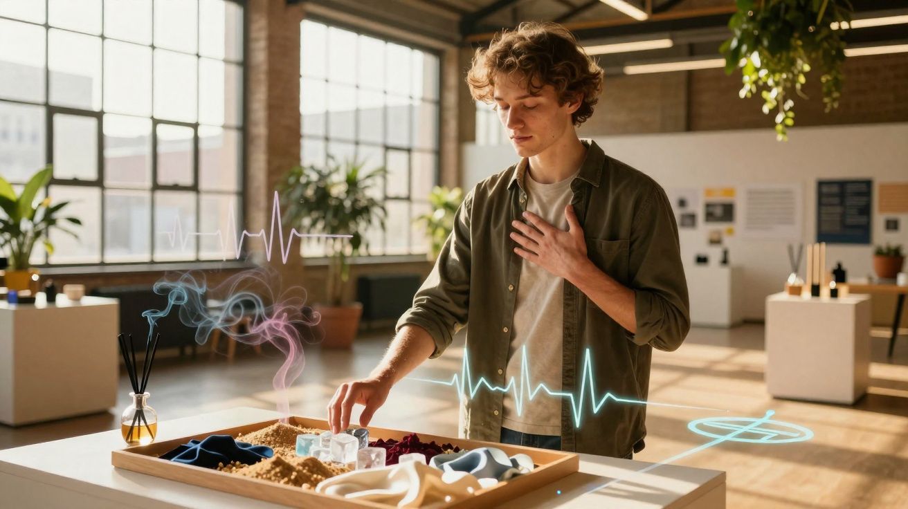 Homem com mão no peito a interagir com aromas e sinais digitais num ambiente moderno e iluminado.