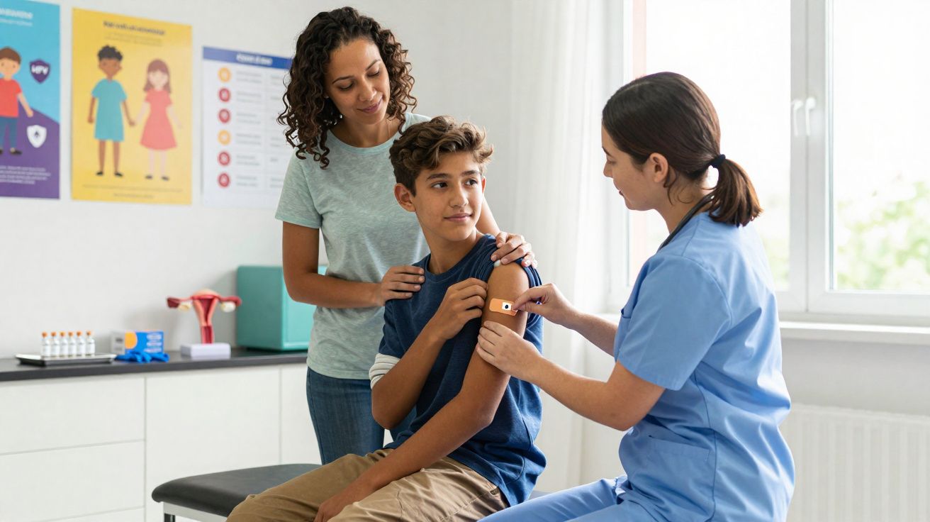 Criança a receber uma vacina no braço com o apoio de uma mulher num consultório médico.