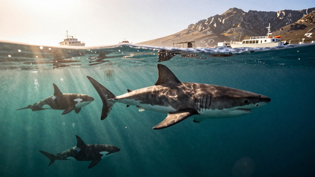Tubarões nadam junto à superfície da água perto de barcos com montanhas ao fundo.