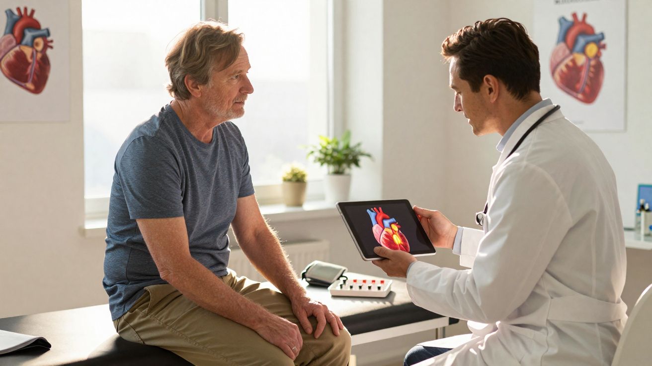 Médico mostra imagem do coração num tablet a paciente idoso numa consulta numa clínica.
