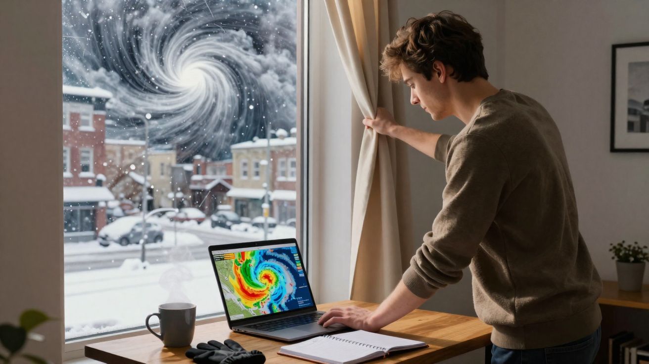 Homem observa pela janela tempestade de neve enquanto estuda mapa de furacão no computador portátil.