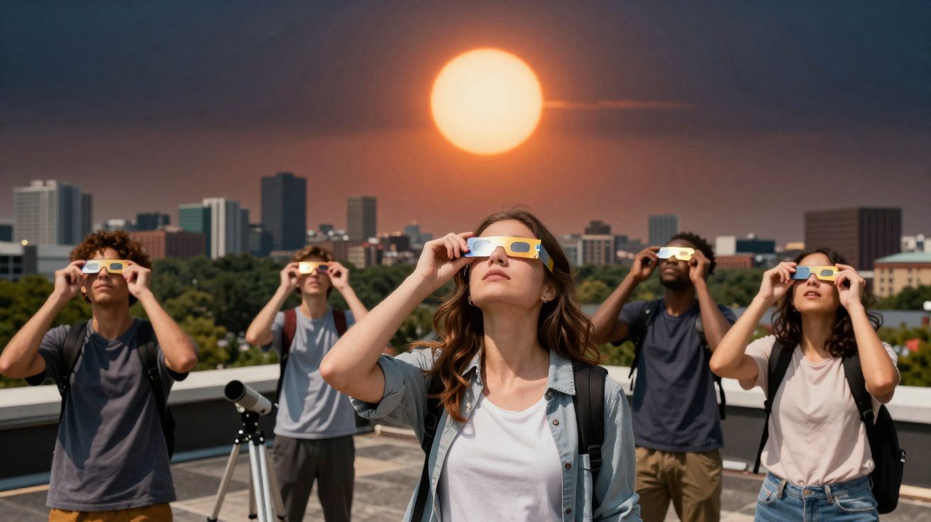 Grupo de cinco pessoas na cidade a observar um eclipse solar com óculos especiais num terraço.