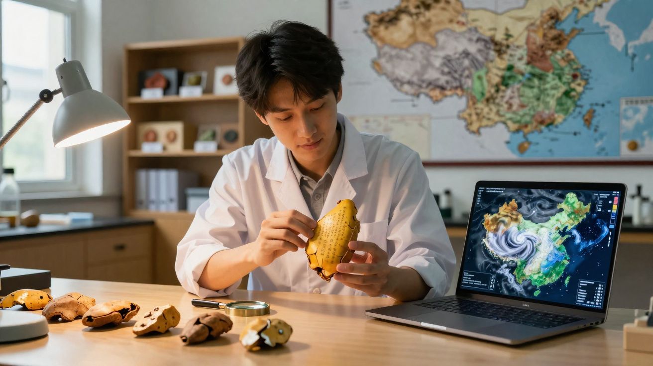 Jovem cientista analisa amostras de materiais secos na mesa, com mapa e computador aberto ao fundo.