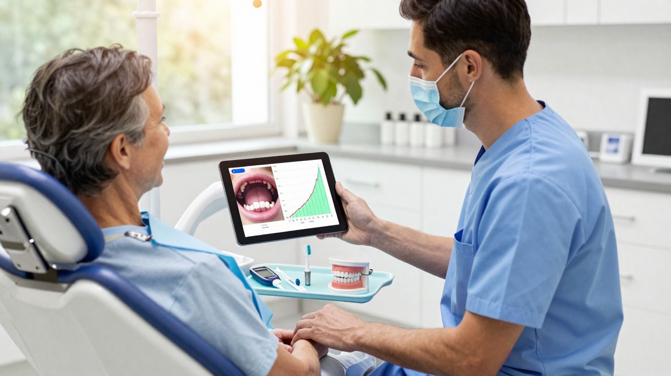 Dentista de máscara com tablet mostra gráfico e imagem de boca a paciente numa clínica dentária moderna.