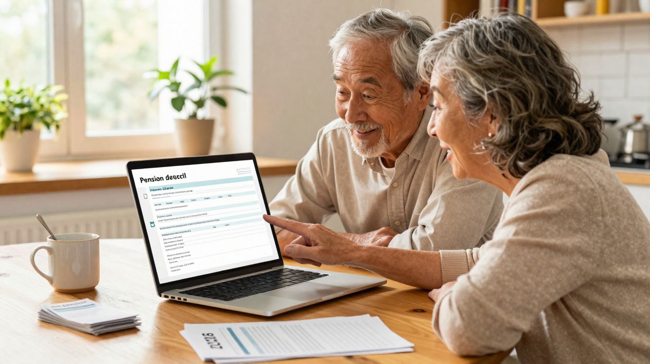 Casal sénior sentado à mesa a consultar aplicação de pensões num portátil, sorrindo e interagindo.