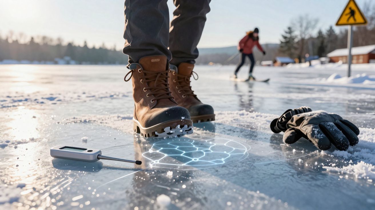 Pessoa calçando botas numa superfície congelada com equipamento e luvas ao lado e uma pessoa a patinar ao fundo.