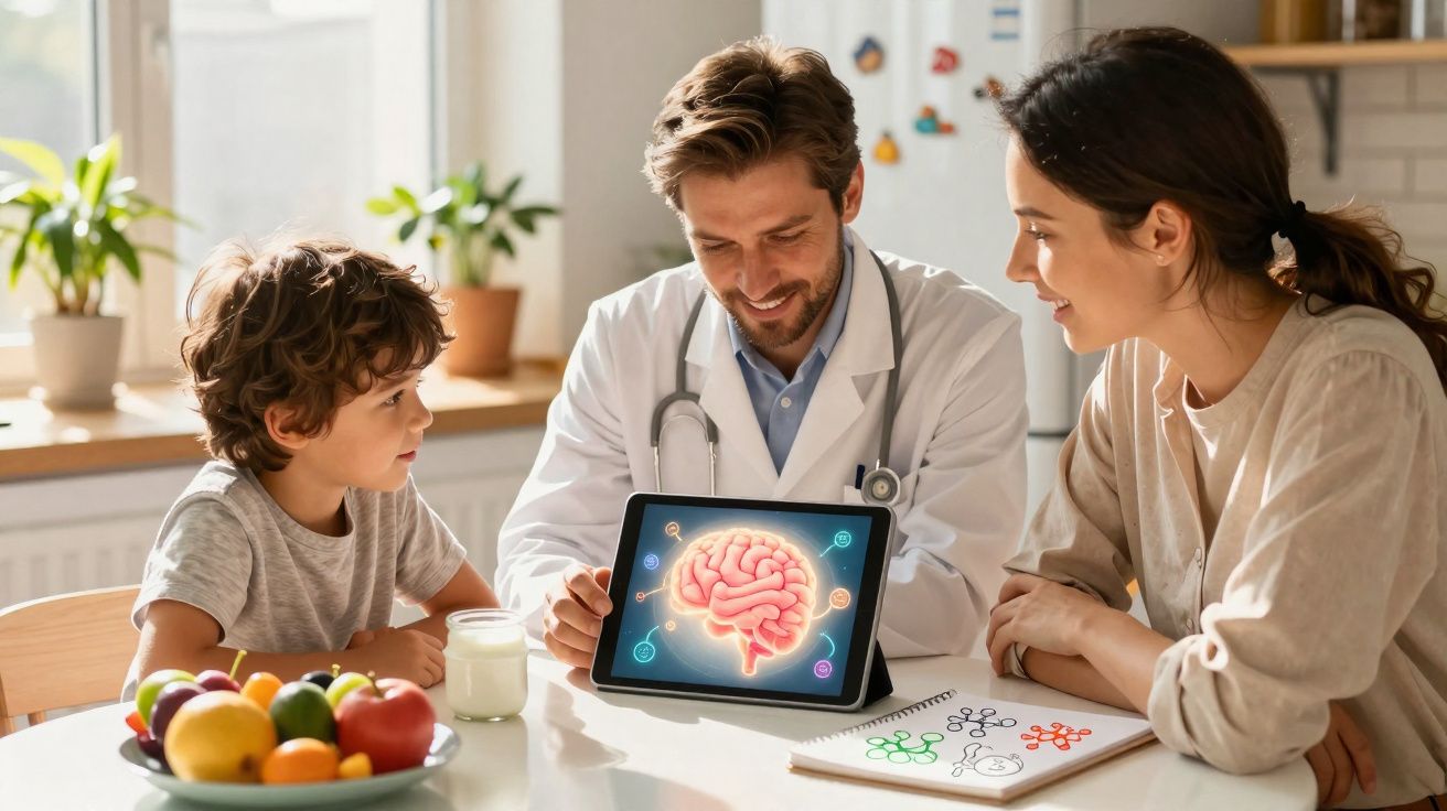 Médico a explicar cérebro num tablet a criança e mulher sentados à mesa com fruta e desenho.