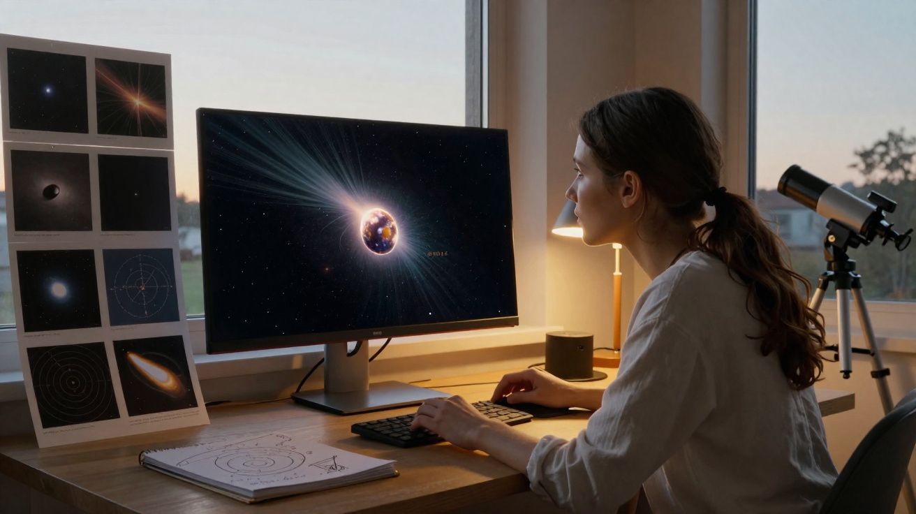 Mulher a estudar astronomia em casa com computador, gráficos espaciais e telescópio perto da janela.