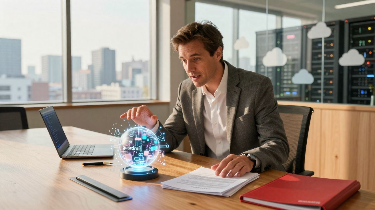 Homem em escritório interage com globo holográfico tecnológico sobre mesa de reunião com laptop e documentos.