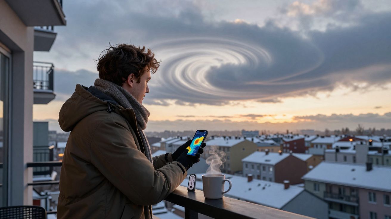 Homem de casaco observa no telemóvel fenómeno circular no céu ao amanhecer sobre cidade com telhados nevados.