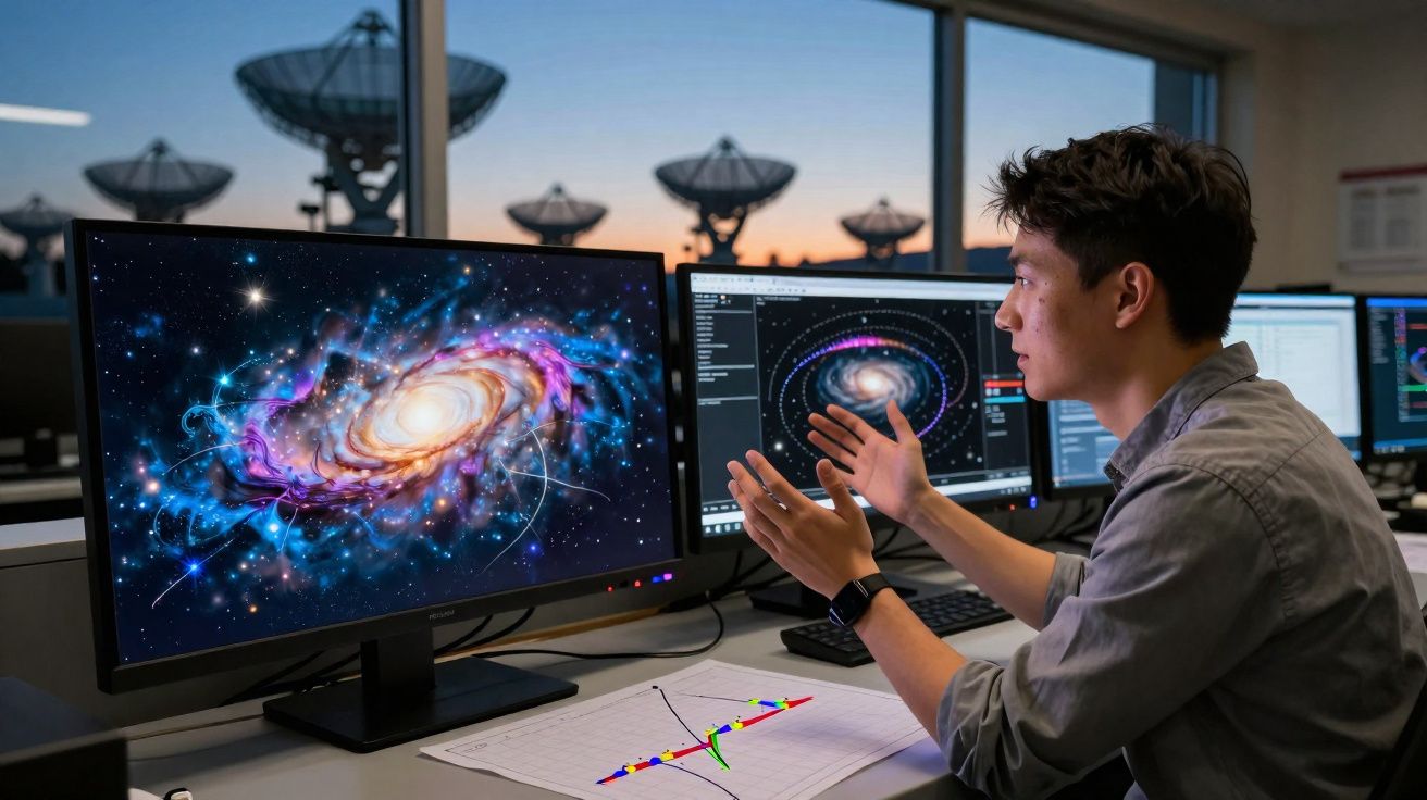 Homem a analisar imagens de galáxias em vários ecrãs num laboratório com antenas parabólicas ao fundo.