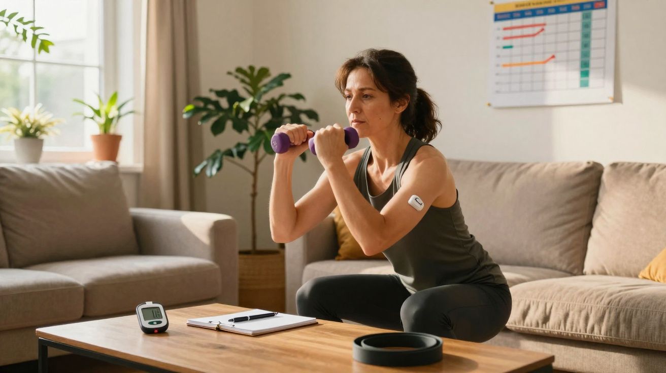 Mulher a fazer exercício com halteres na sala de estar, com equipamento de monitorização e gráfica na parede.