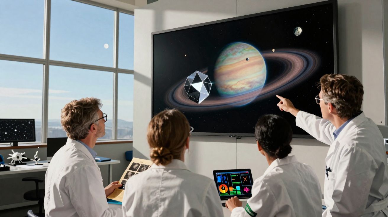 Quatro cientistas em laboratório observam e discutem imagem de planeta com anéis exibida num ecrã grande.