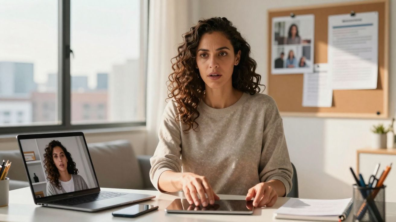 Mulher com cabelo encaracolado sentada à mesa a usar tablet, com videocall no portátil aberto ao lado.