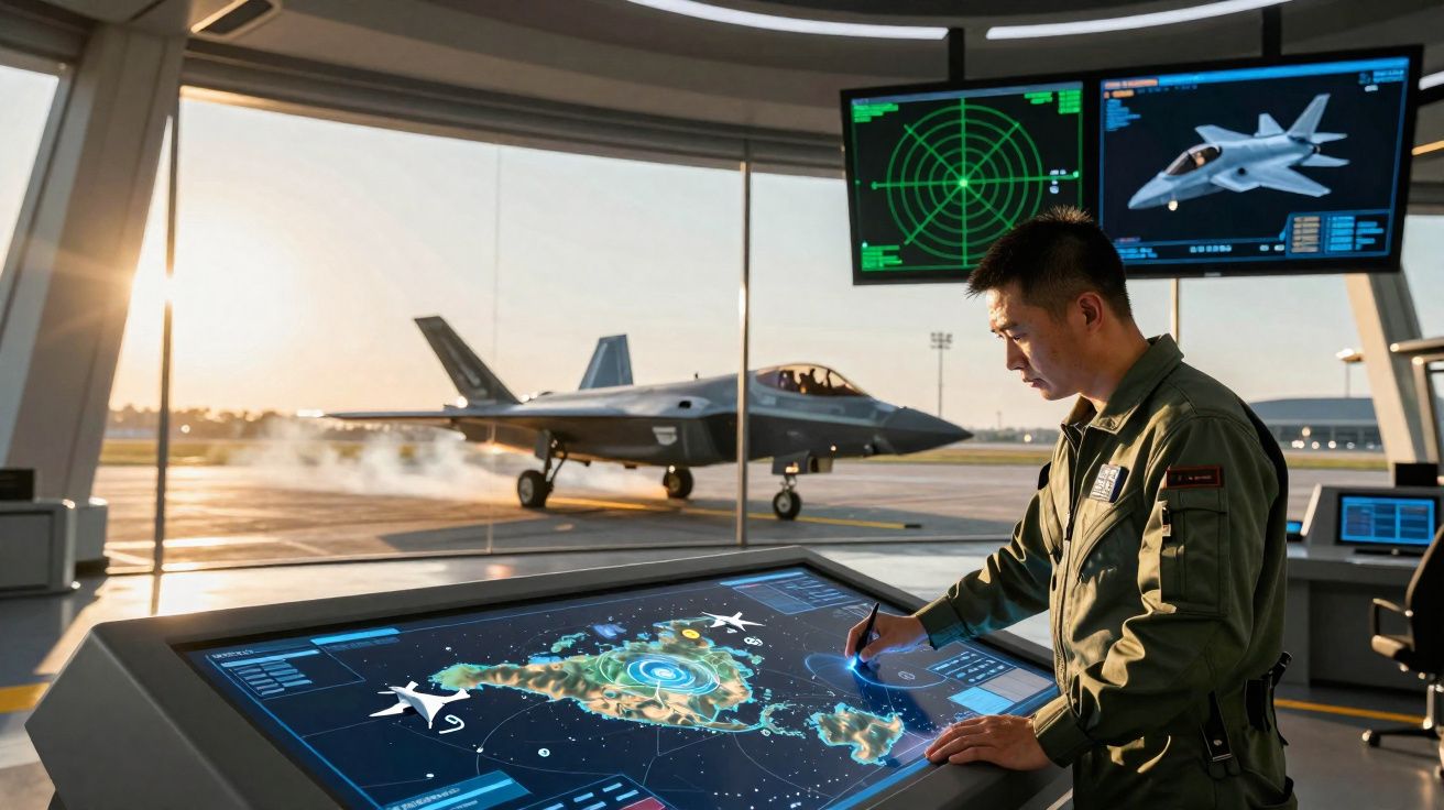 Piloto a operar painel táctil com mapa digital em torre de controlo, avião militar estacionado visível ao fundo.