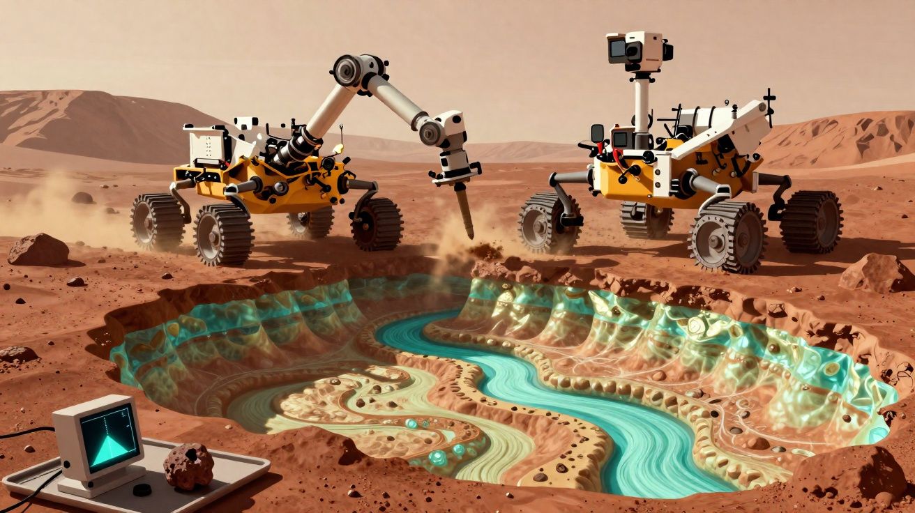Dois robôs exploratórios estudam um lago subterrâneo com água líquida num terreno árido marciano.