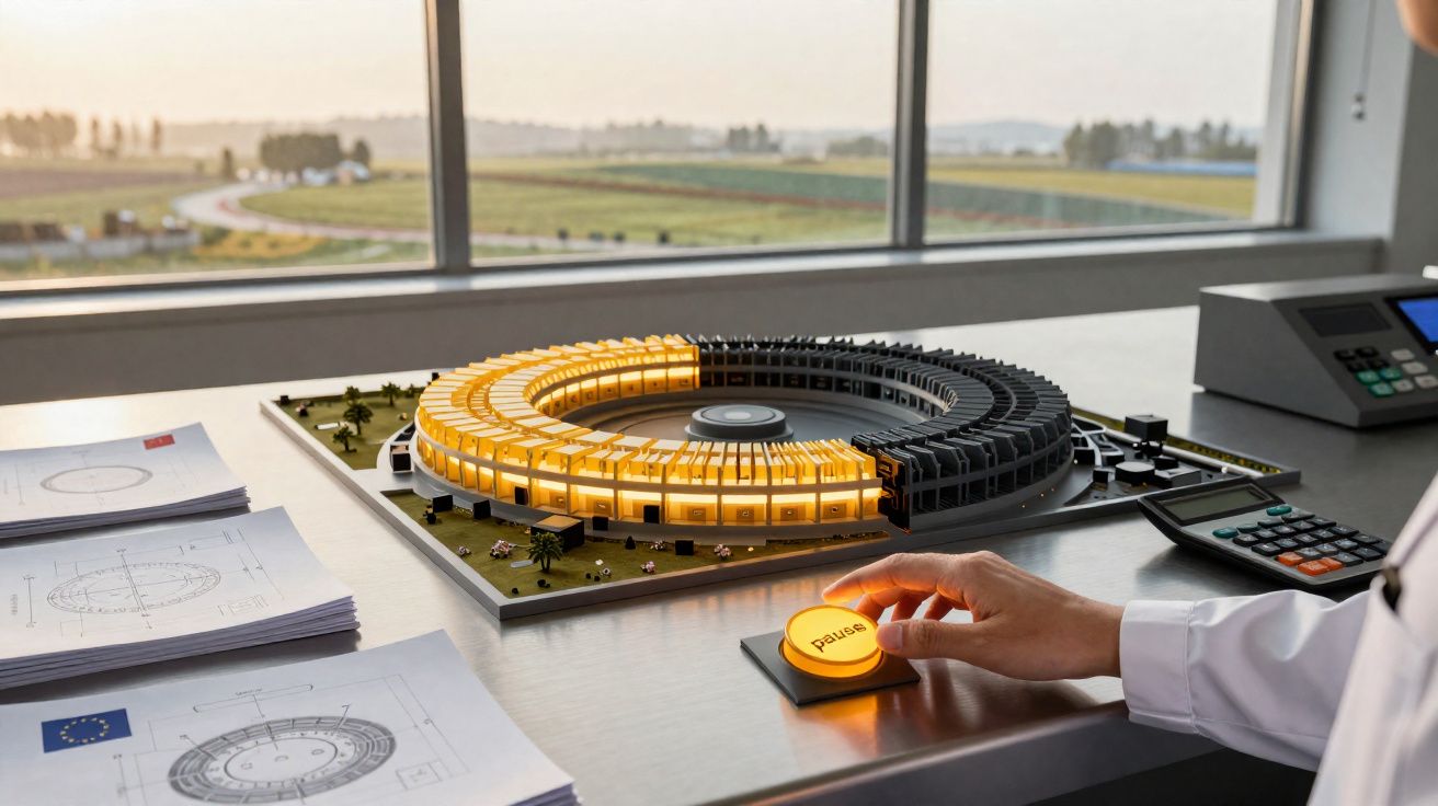 Mão ativa botão "Pause" junto a maquete iluminada de acelerador circular em mesa com documentos e calculadora.