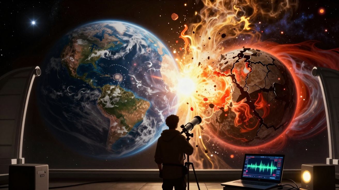 Pessoa observa através de telescópio colisão entre a Terra e planeta em chamas com computador ao lado.