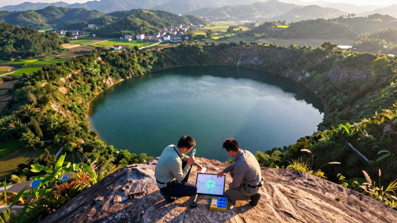 Dois homens observam mapas numa rocha com vista para uma cratera inundada rodeada por montanhas e campos.