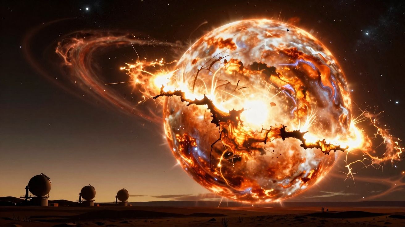Planeta em explosão com anéis incandescentes sobre um deserto com observatórios ao fundo.