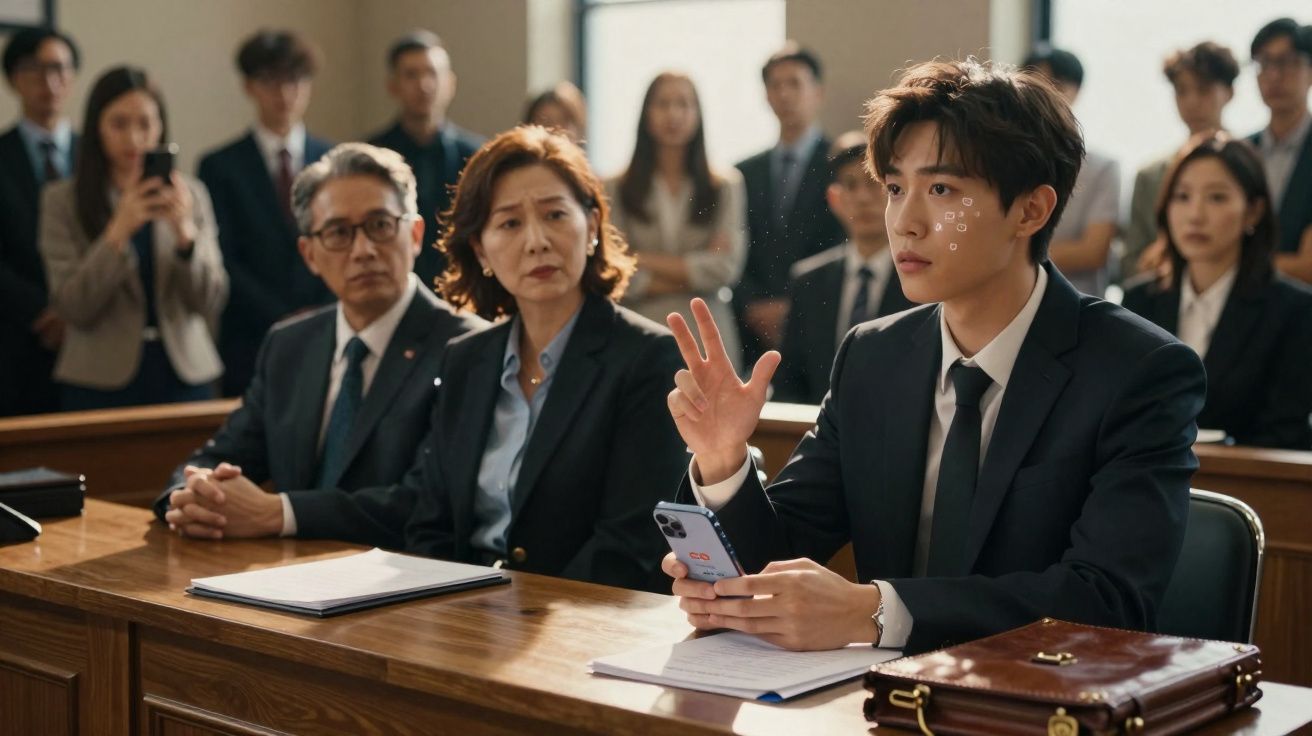 Jovem em fato a falar numa audiência com advogados e público atento num tribunal.