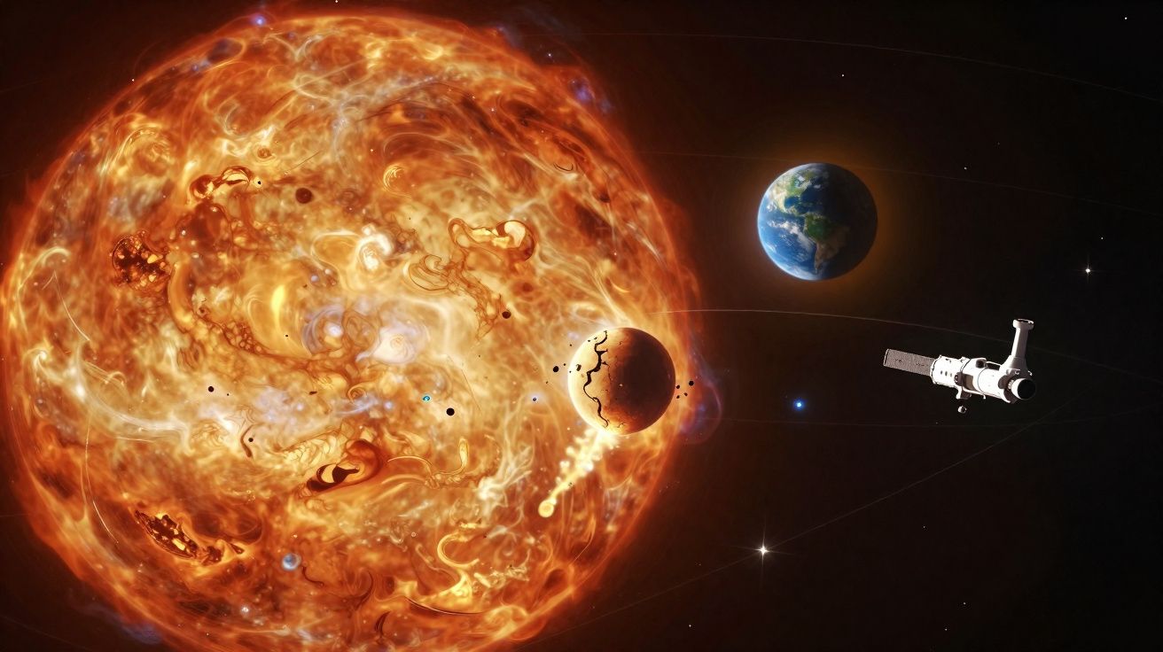 Ilustração do Sol, um planeta ardente a ser destruído, a Terra e uma nave espacial em órbita.