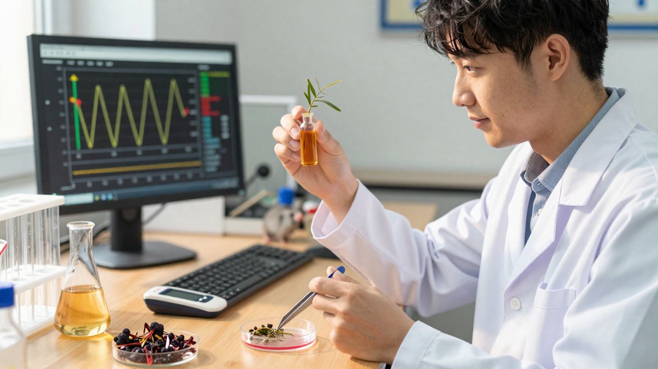 Homem em bata branca analisa planta e líquido em frasco num laboratório com computador e equipamentos científicos.