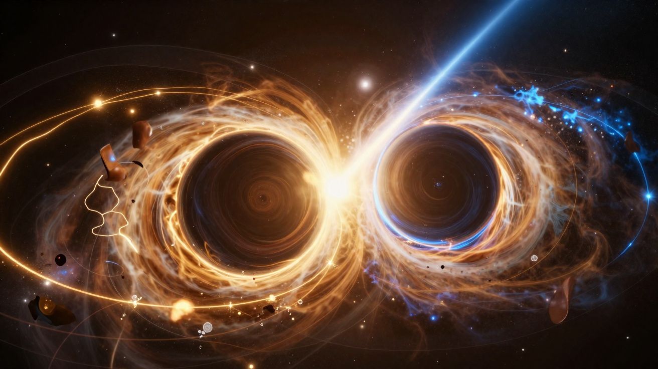Representação artística de dois buracos negros em colisão, com efeitos luminosos e materiais a serem sugados.